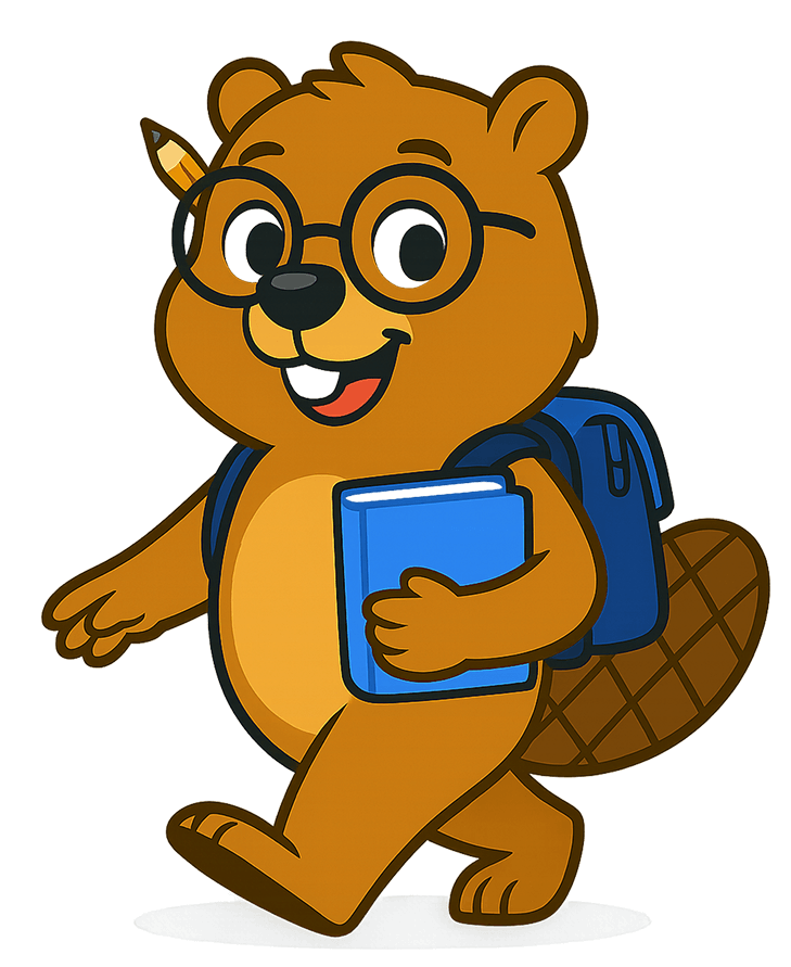 Bear student mascot using a tablet for CELPIP preparation
